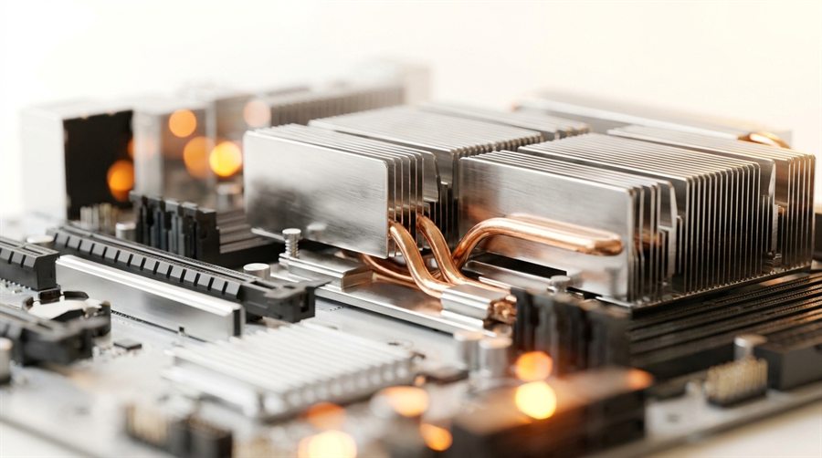 Hardware van serverkwaliteit — gefreesde heatsinks en koper op een Dedizone-bord